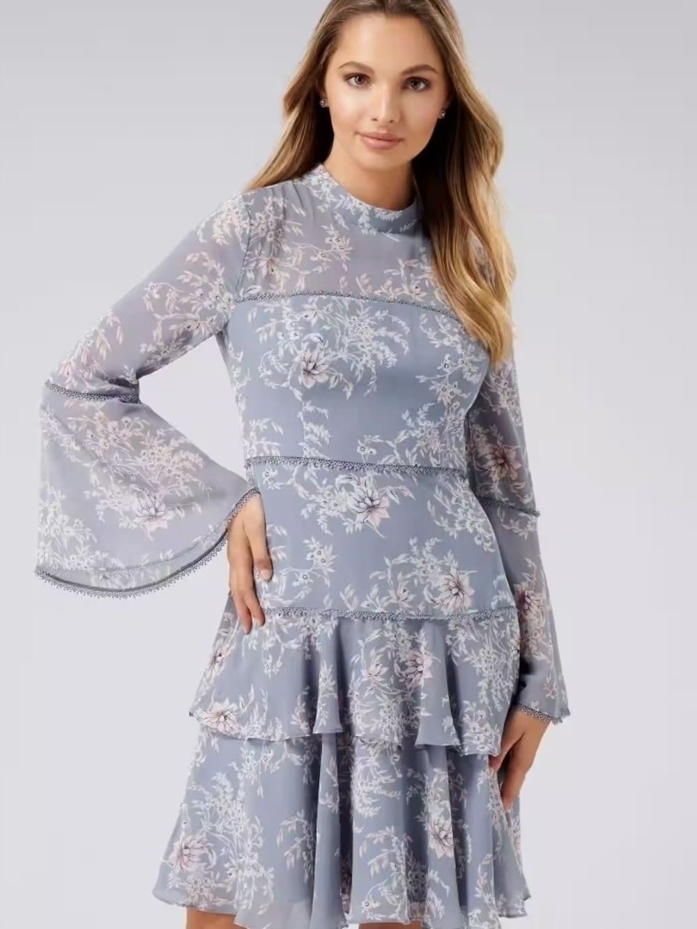 Ever New Dusty Blue Floral Tiered Bell-Sleeve Dress with Lace Trim